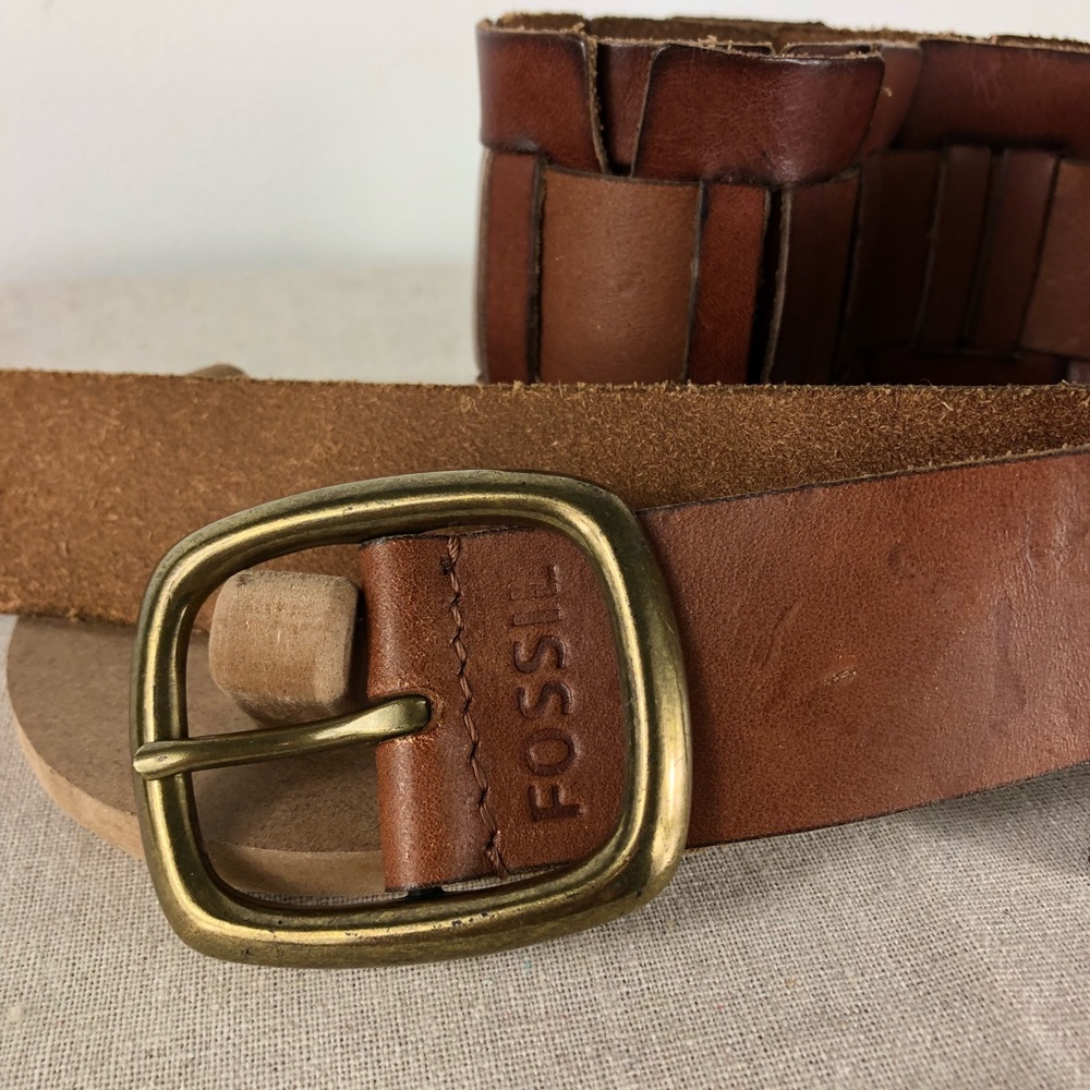 Fossil Brown Woven Leather Belt with Brass Buckle 30-34” - Picture 2 of 8